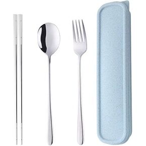 3 PCS Stainless Steel Travel Camping Flatware Set Fork Spoon Chopsticks with Portable Case, Blue