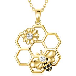 KECHO Gold Bee Necklace Mothers Day Gifts for Mom Women 14k Yellow Gold Honeycomb Honey Bee Pendant Necklaces Love Heart Jewelry Gifts for Women Her Girls Wife