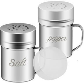 ZERUIDM Stainless Steel Salt and Pepper Shakers Set, 10 OZ Seasoning Spice Shaker with Lid and Handle 127 Holes, Metal Dredge Shaker for Powder Sugar Cooking Kitchen Baking (2 Pieces)