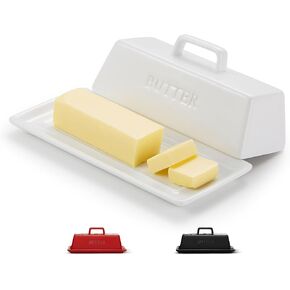 Kook Ceramic Butter Dish with Lid, Kitchen Countertop Butter Keeper, Serving Tray with Cover, Storage Container, Holds 1 Stick, Microwave and Dishwasher Safe, White