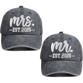 2PCS Mr and Mrs EST 2024 Hats for Men Women, Adjustable Wash Cotton 3D Embroidered Baseball Cap