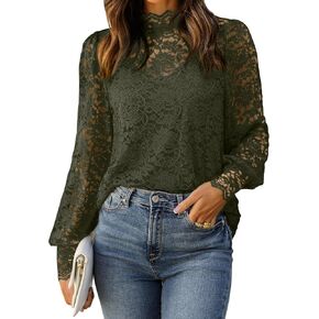 HOTOUCH Womens Lace Tops Long Sleeve Mock Neck Casual Elegant Blouses Shirts with Separable Camisole Sexy 2 PCS Set