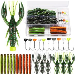 Dovesun 64pcs Ned Rig Jig Heads, Ned Rig Hooks with Soft Lures Kit Weedless Jig Head Floating Fishing Worms Mushroom Jig Heads for Bass Fishing Ned Rig Kit