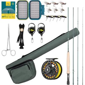 SF Fly Fishing Rod Combo Starter Kit شبه لامع لمسة نهائية من اليشم الأخضر 24T من ألياف الكربون سمك السلمون المرقط للسفر مع بكرة، علبة قضيب الطيران، صندوق الطيران، الذباب، زعيم مدبب، أدوات ربط العقدة
