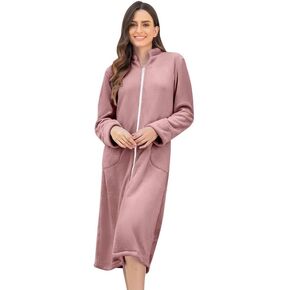 Ekouaer Women's Zip Up Robe Fleece Bathrobe Long Zipper Lounger Warm Housecoat Long Sleeve Nightgown with Pockets S-XXL
