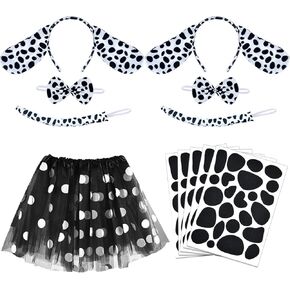 Coopay 14 Pieces Dalmatian Costume Set Spotted Dog Ear Headband, Bow Tie, Tail, Tutu Skirt and Adhesive Felt Stickers Accessories for Halloween Cosplay Costume Dress Up Party Decoration