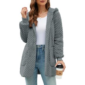 Yanekop Womens Fuzzy Fleece Open Front Hooded Cardigan Jackets Sherpa Outerwear Coats with Pockets