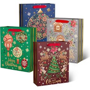 PAPER FAIR 12Pcs Navy Blue Metallic Gold White Christmas Gift Bags Bulk, Large 12.5x10.5 In, Gilded Noel Gift Wrap Bags, Seasons Greeting Foiled Paper Favor Bag Gift Packaging for Thanksgiving Holiday New Year Party