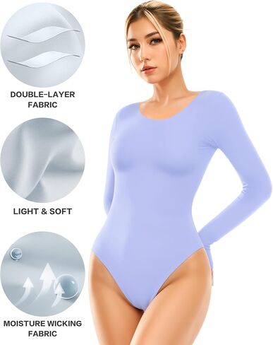 ALGALAROUND Women's Round Scoop Neck Long Sleeve Bodysuit Premium Skin-hugging Double Lined Tummy Control Tops in Kuwait