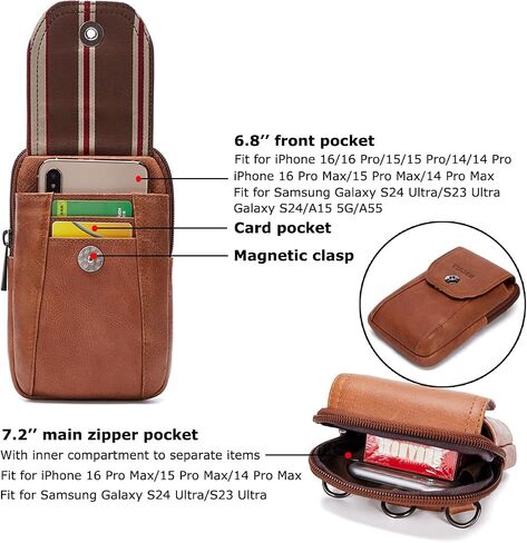 VIIGER Genuine Leather Cell Phone Shoulder Holster with Belt Loop Compatible for iPhone 15 Pro Max 14 Pro Max Galaxy S24 Ultra S23 Ultra, Multi-pocket Crossbody Phone Bag Wallet Purse Belt Clip Pouch in Kuwait