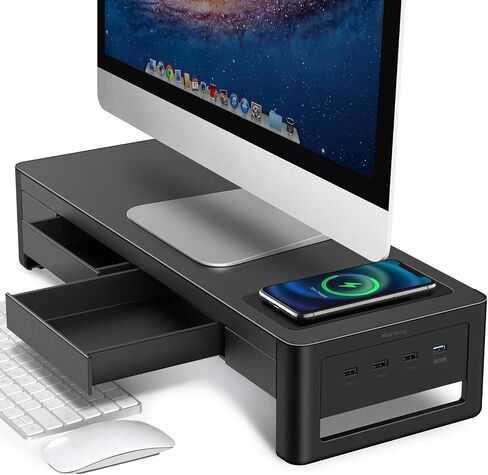 meatanty Dual Monitor Stand Riser with 2 Drawers,4 USB Ports and Charging Pad,Metal Monitor Stand for 2 Monitors Supports Transfer Data and Charging,Desk Organizer for PC,iMac(38.7 inches) in Kuwait