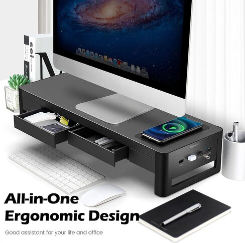 meatanty Dual Monitor Stand Riser with 2 Drawers,4 USB Ports and Charging Pad,Metal Monitor Stand for 2 Monitors Supports Transfer Data and Charging,Desk Organizer for PC,iMac(38.7 inches) in Kuwait