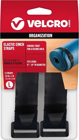 VELCRO Brand Elastic Cinch Straps with Buckle, 8in x 1in, Black, 2 Pack | Adjustable And Stretchable For A Snug Fit; Fastens Power Cords, Organizes Cables, Bundle Unruly Wires in Kuwait