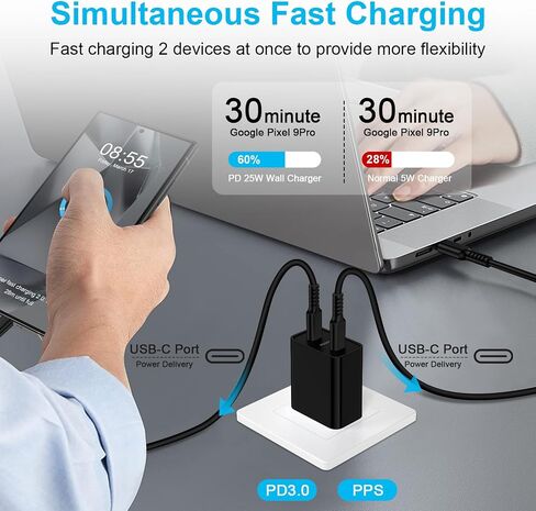 25W Samsung Super Fast Charger Adapter for Samsung Galaxy A55 A35 A34 S24 Z Flip6 A54 A14,Dual Port USB C Wall Charger Block 6ft Type C Cable for Motorola Moto G 2024/G Stylus 5G/G Power/Edge+/Razr 50 in Saudi Arabia