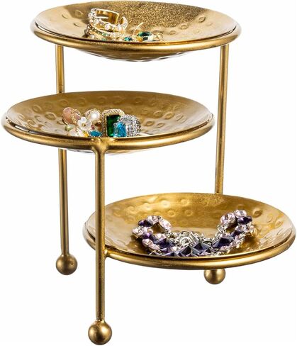 MyGift 3 Tier Jewelry Dish Organizer - Hammered Brass Plated Metal Ring Tray, Decorative Earring, Necklace, Bracelet Storage Display Tower - Handcrafted in India in Saudi Arabia