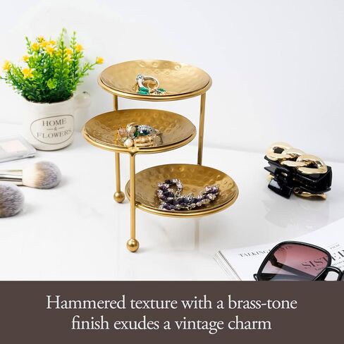 MyGift 3 Tier Jewelry Dish Organizer - Hammered Brass Plated Metal Ring Tray, Decorative Earring, Necklace, Bracelet Storage Display Tower - Handcrafted in India in Saudi Arabia