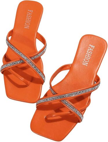 OYOANGLE Women's Rhinestone Strappy Criss Cross Thong Sandals Square Toe Slides Flat Sandals in Saudi Arabia