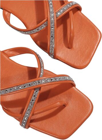 OYOANGLE Women's Rhinestone Strappy Criss Cross Thong Sandals Square Toe Slides Flat Sandals in Saudi Arabia