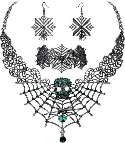 BriLove Halloween Costume Spider Cobwebs Crystal Necklace Earrings Set Gothic Skull Pendant Collar Jewelry Set for Women Girls Cosplay Party Prom in Kuwait
