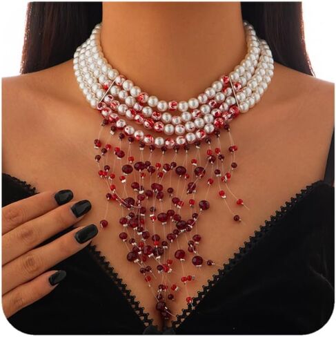 Bleeding Pearl Necklace for Women - Dripping Blood Vampire Choker Necklace - Spooky Pearl Necklace for Halloween Party Jewelry in Kuwait