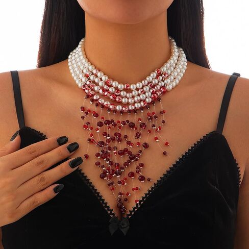 Bleeding Pearl Necklace for Women - Dripping Blood Vampire Choker Necklace - Spooky Pearl Necklace for Halloween Party Jewelry in Kuwait