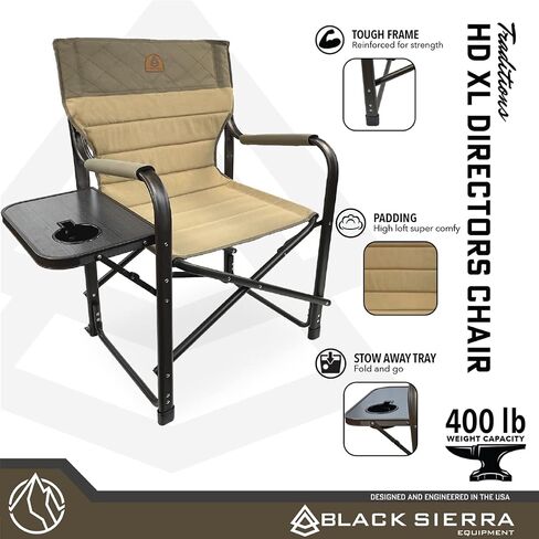 كرسي مدير Black Sierra XL مع طاولة جانبية قابلة للطي، كرسي تخييم عالي التحمل يدعم 400 رطل، كرسي كبير الحجم قابل للطي في الهواء الطلق مع ظهر مرتفع وأذرع مبطنة للحديقة والشاطئ والخياطة والرياضة in Kuwait