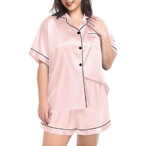 SWOMOG Women's Plus Size Pajama Set Silk Satin Pajamas Button Down Loungewear Short Sleeve Pjs 2 piece Sleepwear 16-26W