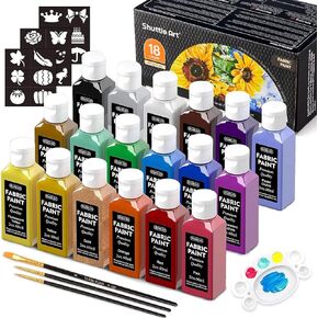 Fabric Paint, Shuttle Art 18 Colors Permanent Soft Fabric Paint in Bottles (60ml/2oz) with Brushes, Palette, Stencils, Non-Toxic Textile Paint for T-shirts, Shoes, Jeans, Bags, DIY Projects&Art Crafts