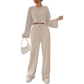 GORGLITTER Women's 2 Piece Rib Knit Outfits Drop Shoulder Crop Tee Drawstring Waist Pants Set