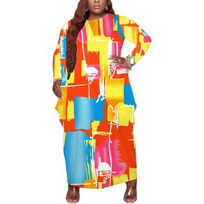 Fooullaide Women's Plus Size Maxi Dress Print Loose Oversize Long Sleeve Baggy Tshirt Casual Tunic Dresses with Pocket