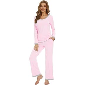 WiWi Women's Bamboo Viscose Pajama Sets Soft Long Sleeves Top with Pants Loose 2 Pieces Loungewear Set S-XXL