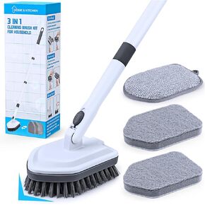 Shower Scrubber Cleaning Brush with 52" Long Handle, 3 in 1 Scrub Brush Scouring Pad with Lock Button, Extendable Tub and Tile Scrubbers for Cleaning Bathroom Kitchen Toilet Wall Floor Bathtub Sink