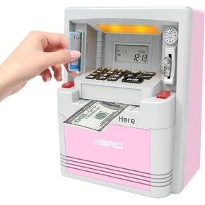 ATM Piggy Bank for Kids Boys Girls, Mini Safe for Real Money with Bill Feeder, Coin Recognition, Balance Calculator, Electronic Savings Safe Machine