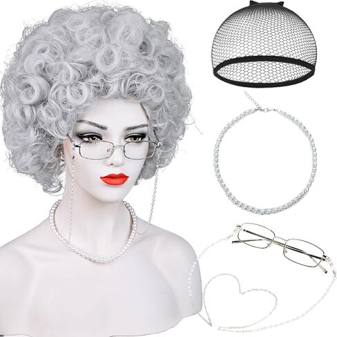 Short Orange Curly Landlady Roper Wig and Glasses Jewelry, Reddish Orange Afro Annie Wig with Necklace Earrings +Wig Cap Set 5 Accessories for Halloween Party Mrs Costume Cosplay in Saudi Arabia