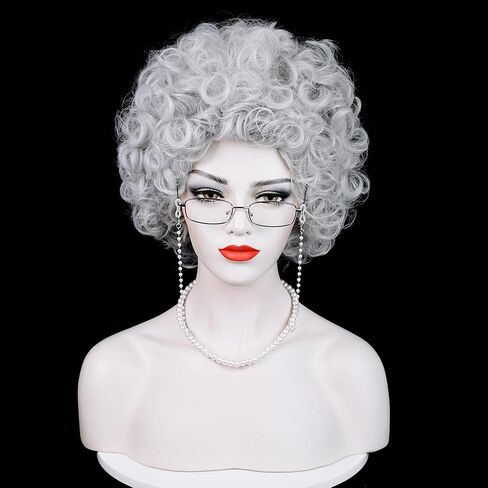 Short Orange Curly Landlady Roper Wig and Glasses Jewelry, Reddish Orange Afro Annie Wig with Necklace Earrings +Wig Cap Set 5 Accessories for Halloween Party Mrs Costume Cosplay in Saudi Arabia
