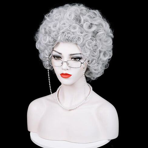 Short Orange Curly Landlady Roper Wig and Glasses Jewelry, Reddish Orange Afro Annie Wig with Necklace Earrings +Wig Cap Set 5 Accessories for Halloween Party Mrs Costume Cosplay in Saudi Arabia