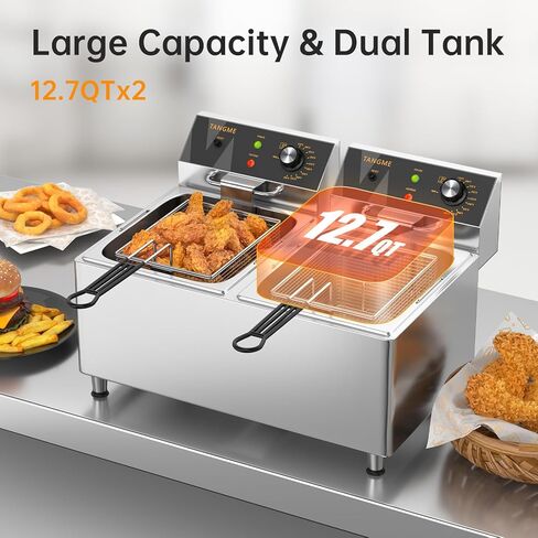 Commercial Deep Fryer with Baskets 20.7Qt Dual Tank Upgraded Electric Countertop Fryer Heavy Duty 1mm Thickened Stainless Steel Deep Fryers, 120V, 3600W, UL Certified in Kuwait