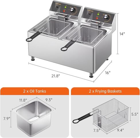 Commercial Deep Fryer with Baskets 20.7Qt Dual Tank Upgraded Electric Countertop Fryer Heavy Duty 1mm Thickened Stainless Steel Deep Fryers, 120V, 3600W, UL Certified in Kuwait