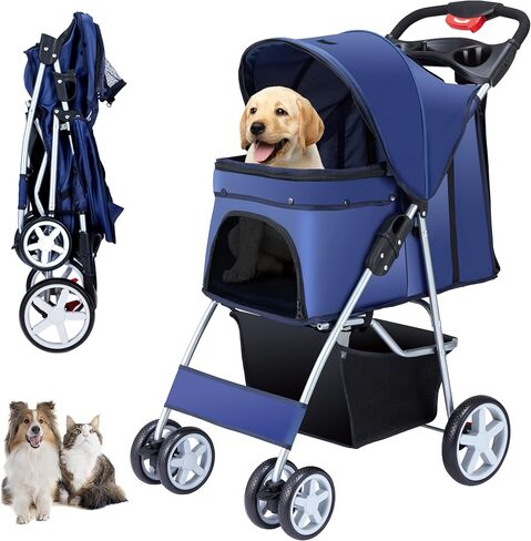 Unisakey Foldable 4-Wheel Pet Stroller for Dogs Cats 10-33lbs, Navy Blue in Kuwait