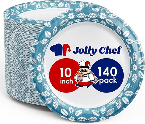 JOLLY CHEF 10 inch 140 Pack Disposable Paper Plates， Heavy Duty Printed Paper Plates Soak Proof, Cut Proof, Microwave Safe for Everyday Use in Saudi Arabia