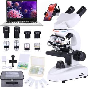 Compound Microscope，40X-2500X Research Class Professional Microscope，WF10x and WF25x eyepieces, Dual LED Lighting and Two-Layer Mechanical Stage，Microscope for Adults
