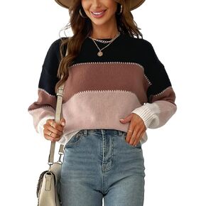CUPSHE Womens Long Sleeve Colorblock Fall Winter Casual Knit Pullover Sweater Round Neck