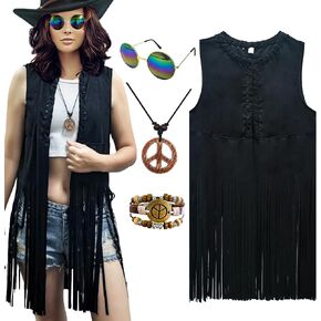 ATAMET Halloween Costume 60s 70s Hippie Costume Set Fringe Vest Faux Suede Tassel Vest Bohemia Headband for Halloween Cosplay in Kuwait