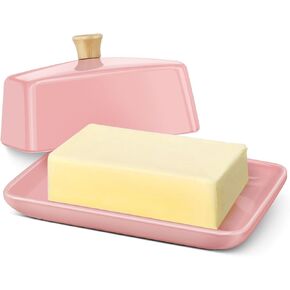 Flexzion Ceramic White European Butter Dish with Lid for Countertop (7 Inch) - Wide 2 Stick Double Butter Holder for Counter, Cream Cheese Container Storage Keeper