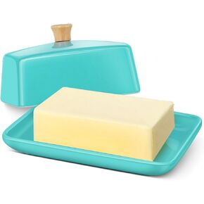 Flexzion Ceramic White European Butter Dish with Lid for Countertop (7 Inch) - Wide 2 Stick Double Butter Holder for Counter, Cream Cheese Container Storage Keeper