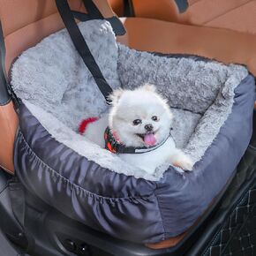 Dog Car Seat for Small Dogs, Washable Pet Booster Car Seats with Clip-On Safety Leash, Comfy Deluxe Plush Carseat with Storage Pocket, Puppy Car Travel Carrier Bed for Dogs Under 25 lbs, Grey