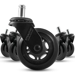 Office Chair Wheels Replacement Stealtho Set of 5 - Computer Chair Mat for Hardwood Floor No Needed - Roller Blade Rubber Casters Navy - Standard Stem 7/16" x 7/8"