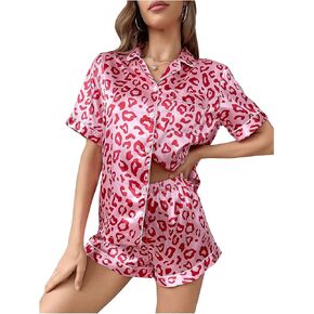 WDIRARA Women's Sleepwear Leopard Print Satin Shirt and Shorts Pajama Set