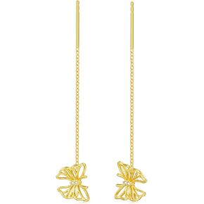 14K Solid Gold Pull Through Earrings - Dainty Threader Earrings Butterfly Animal Pull Through Earrings for Women