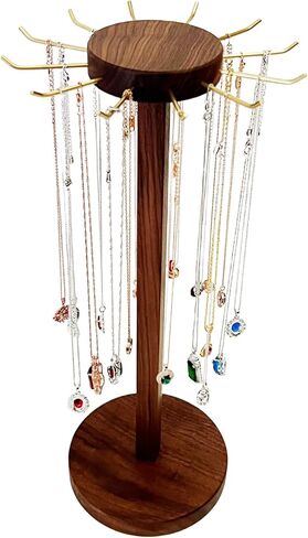 Svea Display Solid Walnut Wood Pendant Necklace Stand Holder with Polish Brass Hooks Large Capacity Long and Short Necklaces in Kuwait